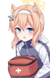 Rule 34 | 1girl, animal ear fluff, animal ears, blue archive, blue eyes, blue jacket, blush, carrying, chinese commentary, commentary request, first aid kit, flower, hair between eyes, hair flower, hair ornament, hairband, halo, highres, holding, jacket, long sleeves, mari (blue archive), milkshakework, open mouth, orange hair, plus sign, sidelocks, simple background, solo, upper body, white background, white hairband