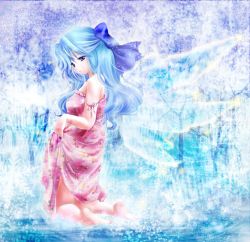 Rule 34 | 1girl, alternate costume, alternate hair length, alternate hairstyle, bare arms, bare shoulders, bare tree, barefoot, blue background, blue eyes, blue hair, bow, cirno, dress, expressionless, facing away, floral print, glint, hair bow, half updo, ice, ice wings, kneeling, long hair, matching hair/eyes, aged up, pink dress, skirt hold, snowing, solo, strap slip, touhou, tree, tsukiori sasa, water, wings