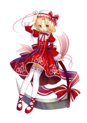 Rule 34 | 1girl, blonde hair, bow, cross-laced footwear, curly hair, dress, elly (touhou), embellished costume, female focus, full body, hand on headwear, hat, hat bow, lace, red dress, red footwear, ribbon, scythe, shoes, short hair, silveroid, simple background, smile, solo, string, string of fate, thighhighs, touhou, touhou (pc-98), weapon, white background, white thighhighs, wide sleeves, yellow eyes, zettai ryouiki