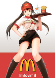 Rule 34 | 1girl, black hair, clothes writing, food, french fries, hand on own hip, irohatori, kneehighs, looking at viewer, mcdonald&#039;s, open mouth, red eyes, shirt, socks, solo, t-shirt, tray, visor cap