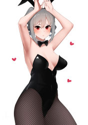 Rule 34 | 1girl, animal ears, arms up, blush, bow, bowtie, breasts, breasts apart, bunny day, commentary request, covered navel, detached collar, drill hair, fake animal ears, fishnet pantyhose, fishnets, grey hair, heart, highres, idolmaster, idolmaster cinderella girls, kanzaki ranko, leotard, looking at viewer, medium breasts, pantyhose, playboy bunny, rabbit ears, rabbit pose, red eyes, senju (snz0), simple background, solo, strapless, strapless leotard, twin drills, white background
