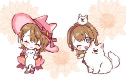 Rule 34 | 1girl, ;d, ^ ^, animal, animal ears, animal hat, back bow, blush stickers, bow, braid, brown hair, cat, chibi, cholognamul, closed eyes, closed mouth, dog, dog hair ornament, dot nose, dress, facing viewer, fake animal ears, floral background, flower, full body, grey eyes, hair ornament, hairband, hanasato minori, happy, hat, hat ribbon, hat with ears, highres, holding, holding animal, holding cat, leaning to the side, multiple views, one eye closed, open mouth, pink bow, pink dress, project sekai, ribbon, short dress, short hair, side-by-side, simple background, smile, sunflower, swept bangs, white background, witch hat, yellow flower