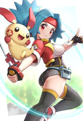 Rule 34 | 1girl, ass, belt, black thighhighs, blue hair, blush, breasts, capture styler, closed mouth, commentary request, creatures (company), fingerless gloves, game freak, gen 3 pokemon, gloves, gonzarez, headband, highres, holding, jacket, looking at viewer, looking back, medium breasts, nintendo, open clothes, open jacket, plusle, pokemon, pokemon (creature), pokemon ranger, pokemon ranger uniform, red eyes, shiny clothes, shiny skin, shoes, short shorts, short sleeves, shorts, sneakers, solana (pokemon), solo, thighhighs, thighs