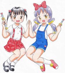 Rule 34 | 2girls, :3, absurdres, black footwear, black hair, blue overalls, blush, bow, breast pocket, brown eyes, candy hair ornament, denim, flat chest, food-themed hair ornament, hair bobbles, hair bow, hair ornament, heart, heart in eye, highres, holding, jumping, long hair, low twintails, marup, mary janes, multiple girls, open mouth, original, overalls, plaid, plaid skirt, pocket, purple hair, red bow, red footwear, red skirt, saeko-chan (marup), school uniform, shirt, shoes, short hair, short sleeves, skirt, smile, socks, star (symbol), striped, striped bow, suspender skirt, suspenders, symbol in eye, twintails, wand, white background, white shirt, white socks, yellow eyes