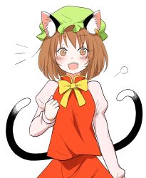 Rule 34 | 1girl, animal ears, bad id, bad pixiv id, blush, brown eyes, brown hair, cat ears, cat tail, chen, ear piercing, green hat, hat, highres, long sleeves, looking at viewer, multiple tails, open mouth, piercing, red skirt, ribbon, round teeth, shiisuu rattamu, short hair, skirt, solo, tail, teeth, touhou, two tails, upper body, wide-eyed, yellow ribbon