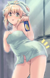 Rule 34 | 1girl, :p, antenna hair, bare arms, bare shoulders, blonde hair, breasts, butt bump, cleavage, closed mouth, commentary request, green eyes, hair between eyes, hands up, highres, hip attack, holding, koshirae tsurugi (m.m), leaning to the side, m.m, medium breasts, notice lines, original, panties, smile, solo, tongue, tongue out, towel, towel on head, underwear, wet, white panties