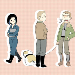 Rule 34 | 1girl, 2boys, angry, arguing, bad id, bad pixiv id, bob cut, boots, brown hair, bulldog, chuck hansen, dog, dog tags, hercules hansen, jacket, jumpsuit, leash, legendary pictures, lowres, mako mori, max (pacific rim), multicolored hair, multiple boys, pacific rim, pants, pet, streaked hair, tail, tail wagging, tatsuri (forest penguin)