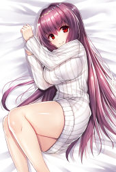 Rule 34 | 1girl, bed sheet, blush, breasts, closed mouth, commentary request, dress, fate/grand order, fate (series), hair between eyes, hair intakes, highres, impossible clothes, impossible sweater, large breasts, long hair, long sleeves, looking at viewer, looking to the side, lying, nano (syoutamho), on back, on side, purple hair, red eyes, ribbed sweater, scathach (fate), smile, solo, sweater, sweater dress, very long hair, white sweater