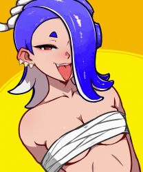 Rule 34 | 1girl, akairiot, bare shoulders, blue hair, breasts, chest sarashi, collarbone, commentary, english commentary, fang, hair over one eye, highres, looking at viewer, medium breasts, nintendo, octoling, open mouth, orange background, red eyes, sarashi, shiver (splatoon), smile, solo, splatoon (series), splatoon 3, teeth, tentacles, tongue, tongue out, two-tone background, upper body, upper teeth only, yellow background