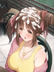 Rule 34 | 1girl, blurry, blush, breasts, brown eyes, brown hair, censored, chair, cum, cum on hair, depth of field, frown, hair ribbon, hairjob, heart, heart necklace, highres, kurowan, large breasts, long hair, mosaic censoring, necklace, off shoulder, penis, ribbon, scrunchie, solo focus, table, totoki airi, twintails