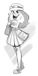 Rule 34 | 10s, 1girl, bag, blush, boots, bracelet, breasts, creatures (company), eyewear on head, game freak, goggles, greyscale, hat, jewelry, long hair, messenger bag, monochrome, nintendo, open mouth, pleated skirt, pokemon, pokemon xy, serena (pokemon), sho-n-d, shoes, shoulder bag, simple background, skirt, sleeveless, smile, sneakers, solo, standing, sunglasses, thighhighs