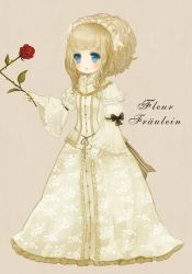 Rule 34 | 1girl, bad id, bad pixiv id, blonde hair, blush, bow, dress, elisabeth von wettin, feather hair ornament, feathers, female focus, flower, french text, frills, german text, gloves, hair ornament, headdress, lace, lace gloves, long hair, maerchen (album), ponytail, red flower, red rose, rose, solo, sound horizon, standing, striped, text focus, translated, white dress, white gloves, yujup