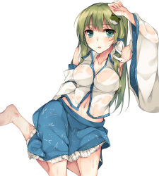 1girl aqua_eyes arm_up barefoot breasts cleavage collarbone detached_sleeves feet female_focus frog_hair_ornament green_hair hair_ornament kochiya_sanae long_hair long_sleeves looking_at_viewer midriff navel open_mouth rinarisa see-through_clothes shirt skirt snake_hair_ornament solo touhou very_long_hair wet wet_clothes wet_shirt wide_sleeves