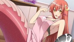 Rule 34 | 1girl, apron, artist request, bad food, bowl, breasts, cleavage, facial mark, food, food on body, food on breasts, food on head, game cg, hair between eyes, hair ornament, hairclip, icing, lamia, large breasts, long hair, looking at viewer, miia (monster musume), monster girl, monster musume no iru nichijou, monster musume no iru nichijou online, object on head, official alternate costume, official art, open mouth, pink apron, pointy ears, red scales, scales, slit pupils, solo, yellow eyes