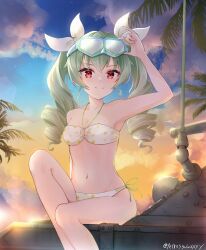 Rule 34 | 10s, 1girl, absurdres, anchovy (girls und panzer), barefoot, beach, bikini, blue sky, blush, breasts, diving mask, diving mask on head, drill hair, evening, eyewear on head, female focus, girls und panzer, goggles, goggles on head, hair ornament, hair ribbon, happy, highres, medium breasts, palm tree, polearm, red eyes, ribbon, shiny skin, sitting, sky, solo, standing, swimsuit, thong bikini, tree, trident, twintails, twitter username, v-shaped eyebrows, weapon, white bikini