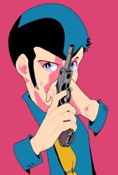 Rule 34 | 1boy, arm hair, arsene lupin iii, black eyes, black hair, blue eyes, blue hair, blue shirt, gun, handgun, highres, holding, holding gun, holding weapon, lupin iii, necktie, nnasuke333, pink background, pink theme, pink vest, shirt, solo, vest, walther, walther p38, weapon, yellow necktie