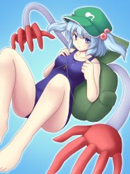 Rule 34 | 1girl, backpack, bag, barefoot, blue eyes, blue hair, hair bobbles, hair ornament, hat, isaki (gomi), kawashiro nitori, key, one-piece swimsuit, school swimsuit, short hair, swimsuit, touhou, twintails, two side up