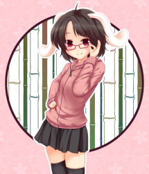 Rule 34 | 1girl, adjusting eyewear, alternate costume, animal ears, bamboo, bamboo forest, bespectacled, black hair, rabbit ears, casual, contemporary, female focus, forest, glasses, hiiragi mitsuna, inaba tewi, nature, short hair, smile, solo, sweater, thighhighs, touhou, zettai ryouiki, zipper