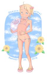 Rule 34 | 10s, 1girl, 2016, a kun, ball, bikini, blonde hair, child, cloud, earrings, eyebrows, female focus, flower, hair bobbles, hair ornament, hammer and sickle, highres, holding, jewelry, looking at viewer, navel, original, sandals, shiny skin, side-tie bikini bottom, sky, solo, standing, sunflower, swimsuit, tan, tanline