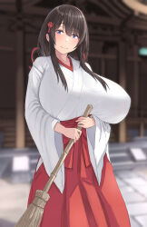 Rule 34 | 1girl, black hair, blue eyes, blurry, blurry background, blush, breasts, broom, closed mouth, commentary request, hair ornament, highres, holding, holding broom, huge breasts, japanese clothes, long hair, long sleeves, looking at viewer, miko, natsuishi nana, original, outdoors, red skirt, sidelocks, skirt, smile, wide sleeves