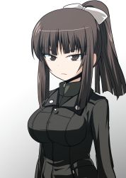 Rule 34 | 1girl, absurdres, aged down, alternate hairstyle, black jacket, blunt bangs, closed mouth, commentary, frown, girls und panzer, glaring, gradient background, grey background, hair ribbon, highres, jacket, kamishima kanon, long sleeves, looking at viewer, medium hair, military, military uniform, nishizumi shiho, ponytail, ribbon, sidelocks, solo, straight hair, turtleneck, uniform, upper body, white ribbon