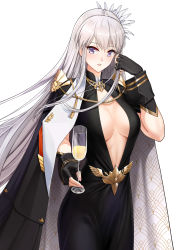 Rule 34 | 1girl, absurdres, alternate costume, azur lane, breasts, chain, chain necklace, champagne flute, cleavage, cowboy shot, cup, drinking glass, enterprise (azur lane), enterprise (heroic finery) (azur lane), eyebrows hidden by hair, feather hair ornament, fleur-de-lis, gloves, gold trim, hair between eyes, hair ornament, half gloves, hand in own hair, highres, jewelry, kading boluo, long hair, necklace, simple background, solo, standing, tagme, very long hair, white background, wine glass