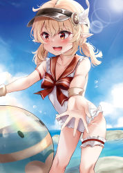 Rule 34 | 1girl, :d, absurdres, ball, beachball, blonde hair, blue sky, cloud, day, furong (furong 0), genshin impact, highres, klee (genshin impact), ocean, one-piece swimsuit, open mouth, outdoors, pointy ears, red eyes, short hair, short twintails, sky, smile, solo, standing, sunlight, swimsuit, teeth, thighs, twintails, upper teeth only, visor cap, white one-piece swimsuit