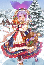 Rule 34 | 1girl, :d, age of ishtaria, bag, blush, boots, box, breath, brown mittens, copyright notice, dress, fur-trimmed boots, fur trim, gift, gift box, highres, holding, holding box, lantern, looking at viewer, mittens, munlu (wolupus), official art, open mouth, outdoors, pantyhose, purple hair, red eyes, salix (age of ishtaria), smile, snow, snowing, snowman, solo, tree, winter