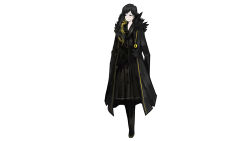 Rule 34 | 1girl, binah (project moon), black eyes, black hair, blonde hair, brooch, buttons, coat, dress, earrings, fur collar, highres, jacket, jacket on shoulders, jewelry, library of ruina, long coat, long hair, looking to the side, multicolored hair, official art, open clothes, open coat, project moon, simple background, solo, two-tone hair