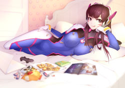 Rule 34 | 1girl, ;q, animal print, armor, bed, bed sheet, blunt bangs, bodysuit, boots, bracer, breasts, breasts apart, brown eyes, brown hair, commentary, computer, controller, cookie, covered navel, d.va (overwatch), eyebrows, eyelashes, facepaint, facial mark, food, full body, game controller, gamepad, gloves, hand on own cheek, hand on own face, head rest, headphones, high collar, highres, indoors, laptop, large breasts, legs together, lips, liu lan, long hair, long sleeves, looking at viewer, lying, mei (overwatch), on bed, on side, one eye closed, overwatch, overwatch 1, pauldrons, pillow, pilot suit, pink lips, rabbit print, revision, ribbed bodysuit, shoulder armor, shoulder pads, skin tight, smile, snack, solo, thigh boots, thigh strap, thighhighs, tongue, tongue out, tracer (overwatch), turtleneck, whisker markings, white footwear, white gloves, widowmaker (overwatch), window