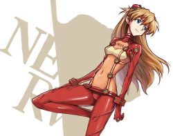 Rule 34 | 00s, 1girl, blue eyes, bodysuit, bracer, breasts, brown hair, clothes writing, covered navel, dutch angle, english text, evangelion: 2.0 you can (not) advance, from side, gloves, hair between eyes, hair ornament, hairpods, hip focus, interface headset, leg up, light brown hair, light smile, logo, long hair, looking to the side, multicolored clothes, neon genesis evangelion, nerv, ohtsukiya, pilot suit, plugsuit, rebuild of evangelion, red bodysuit, see-through, skinny, small breasts, smile, solo, souryuu asuka langley, test plugsuit, turtleneck, two side up