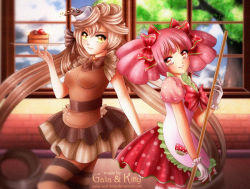 Rule 34 | 2girls, apron, artist name, bad id, bad pixiv id, blurry, bow, bowtie, breasts, brick wall, brown dress, brown hair, cake, chocolate, cloud, coffee, coffee cup, cup, day, depth of field, disposable cup, dress, food, fruit, galia &amp; kitty, gloves, hair bow, hair ornament, holding, k.g.fantasy, long hair, maid, maid apron, multiple girls, original, pantyhose, pink dress, pink hair, red eyes, restaurant, smile, staff, strawberry, striped clothes, striped legwear, striped pantyhose, thighhighs, tray, tree, twintails, upper body, very long hair, watermark, web address, white gloves, window, yellow eyes