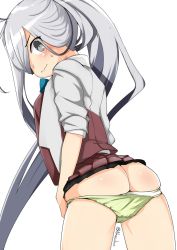 Rule 34 | 1girl, ahoge, asashimo (kancolle), asashimo kai ni (kancolle), ass, blazer, commentary request, cowboy shot, from behind, grey eyes, hair over one eye, highres, jacket, kantai collection, long hair, looking at viewer, looking back, nassukun, one-hour drawing challenge, panties, ponytail, purple skirt, school uniform, silver hair, simple background, skirt, sleeves rolled up, solo, underwear, white background, yellow panties