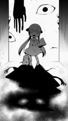 Rule 34 | 1girl, :d, ^ ^, backlighting, bare shoulders, closed eyes, collared dress, detached sleeves, different shadow, disembodied eye, dress, facing viewer, greyscale, hat, headset, highres, horror (theme), kindergarten uniform, long hair, long sleeves, low twintails, monochrome, neon-tetora, open mouth, school hat, shoes, sleeveless, sleeveless dress, sleeves past fingers, sleeves past wrists, smile, socks, solo, stuffed animal, stuffed rabbit, stuffed toy, tsukuyomi ai, twintails, very long hair, voiceroid