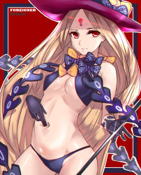 Rule 34 | 1girl, abigail williams (fate), abigail williams (second ascension) (fate), absurdres, bare shoulders, black bow, black gloves, black panties, blush, bow, breasts, character name, closed mouth, cowboy shot, elbow gloves, facial mark, fate/grand order, fate (series), forehead mark, gloves, glowing, hand on own stomach, hat, hat bow, highres, kisaragi tsurugi, long hair, looking at viewer, medium breasts, navel, outline, panties, parted bangs, pink hat, red background, red eyes, shiny skin, smile, solo, standing, stomach, tsurime, underboob, underwear, very long hair, white outline, witch hat, yellow bow