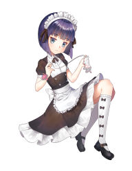Rule 34 | 1girl, apron, black footwear, black ribbon, blue eyes, blue hair, blunt bangs, bob cut, bow legwear, buttons, commentary, double-breasted, dress, frilled apron, frilled dress, frills, hair ribbon, handkerchief, highres, kneehighs, light frown, looking at viewer, maid, maid headdress, mary janes, neck ribbon, needle, original, p.p (operson nangko), pincushion, ribbon, sewing, sewing needle, shoes, short hair, short sleeves, simple background, socks, solo, waist apron, white apron, white background, white socks, wristband