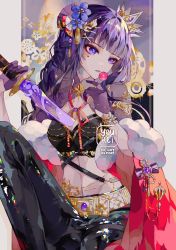 Rule 34 | artist name, belt, black pants, blunt bangs, breasts, cleavage, commentary, english commentary, flower, genshin impact, hair flower, hair ornament, highres, holding, holding sword, holding weapon, human scabbard, jewelry, looking to the side, midriff, navel, neck ribbon, pants, purple eyes, purple flower, purple hair, raiden shogun, red ribbon, ribbon, shiny clothes, solo, sword, weapon, yeurei