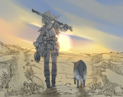 Rule 34 | 1girl, backpack, bag, commentary, dog, dogmeat, fallout (series), fallout 3, gun, holding, holding gun, holding weapon, jumpsuit, limited palette, lone wanderer, outdoors, over shoulder, rifle, sky, stuffed animal, stuffed toy, sunset, teddy bear, walking, weapon, yana yana