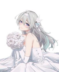 Rule 34 | 1girl, absurdres, bouquet, butterfly hair ornament, choker, commentary, dress, dress flower, english commentary, feint721, firefly (honkai: star rail), flower, grey hair, hair ornament, hair ribbon, hairband, highres, holding, holding bouquet, honkai: star rail, honkai (series), long hair, looking at viewer, purple eyes, ribbon, rose, signature, solo, wedding dress, white choker, white dress, white flower, white hairband, white ribbon, white rose