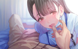 Rule 34 | 1boy, 1girl, absurdres, breasts, brown eyes, brown hair, bulge, erection, erection under clothes, highres, koh (minagi kou), large breasts, looking at viewer, mole, mole under eye, name tag, nurse, original, solo focus, tongue, tongue out, uniform
