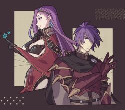 Rule 34 | 1boy, 1girl, armor, black background, black cape, black gloves, breasts, cape, cleavage, closed mouth, commentary request, cropped legs, cropped torso, deen (fire emblem gaiden), earrings, eyeshadow, fire emblem, fire emblem echoes: shadows of valentia, gauntlets, gloves, haconeri, jewelry, large breasts, long hair, makeup, nintendo, pelvic curtain, purple eyes, purple eyeshadow, purple hair, sonia (fire emblem: the blazing blade), spiked armor, tiara, two-tone background, white background