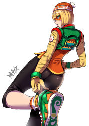 Rule 34 | 1girl, adjusting clothes, adjusting shoe, arms (game), ass, beanie, blonde hair, blush stickers, bob cut, bracelet, capri pants, chinese clothes, cropped jacket, eyebrows visible through mask, food, from behind, green eyes, hand on own hip, hat, highres, jewelry, kamaboko, knit hat, loose socks, min min (arms), narutomaki, nintendo, pants, ryuusei (mark ii), shoes, short hair, signature, sneakers, socks, solo, super smash bros., white background