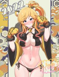 Rule 34 | 1girl, 2022, absurdres, alternate costume, animal ear fluff, animal ears, animal hands, bell, bikini, black bikini, blonde hair, blue eyes, blush, breasts, cameltoe, choker, cleavage, closed mouth, collarbone, cowboy shot, detached sleeves, gloves, gradient hair, groin, hands up, high ponytail, highres, idolmaster, idolmaster cinderella girls, large breasts, long hair, looking at viewer, multicolored hair, navel, neck bell, nose blush, ohtsuki yui, paw gloves, ponytail, side-tie bikini bottom, sling bikini top, smile, solo, swimsuit, sylph kim, tiger ears, tiger paws, wide sleeves