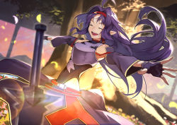 Rule 34 | 1girl, ahoge, armor, bare shoulders, black gloves, breastplate, commentary request, detached sleeves, fingerless gloves, gloves, hairband, highres, long hair, open mouth, outdoors, pointy ears, purple armor, purple hair, smile, solo, sword art online, tears, tree, very long hair, weapon, yoshio (55level), yuuki (sao)