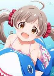 Rule 34 | 1girl, ahoge, air bubble, bare shoulders, bikini, blue background, blush, breasts, brown eyes, brown hair, bubble, cleavage, collarbone, dot nose, downblouse, floral print, goma konbu, hair ornament, hair scrunchie, hakozaki serika, highres, idolmaster, idolmaster million live!, idolmaster million live! theater days, inflatable shark, inflatable toy, long hair, looking at viewer, open mouth, pink bikini, print bikini, red scrunchie, scrunchie, signature, small breasts, smile, solo, swimsuit, twintails, very long hair