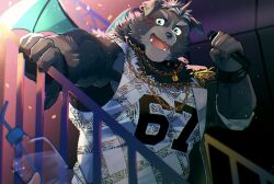 Rule 34 | 1boy, amduscias (housamo), animal collar, animal ear piercing, bara, black fur, black wristband, bottle, chain, chain necklace, collar, demon wings, epaulettes, facial mark, hand on railing, highres, holding, holding bottle, holding microphone, jewelry, lapels, lock, male focus, microphone, muscular, muscular male, necklace, number print, out of frame, padlock, sawch cls, shirt, single epaulette, sleeveless, sleeveless shirt, solo focus, stage lights, thick eyebrows, tokyo houkago summoners, two-tone fur, upper body, wings
