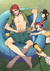 Rule 34 | 1boy, 1girl, abs, aged down, alternate universe, banysun, barefoot, blue eyes, blue hair, braid, brown eyes, child, collared shirt, crossed ankles, dog, dolphin, double bun, earrings, food, from above, fruit, green male swimwear, green shirt, green swim trunks, hair bun, hose, iggy (jojo), indoor pool, jewelry, jojo no kimyou na bouken, kakyoin noriaki, kneeling, kuujou jolyne, looking at viewer, male swimwear, one-piece swimsuit, open clothes, open mouth, open shirt, orange (fruit), outstretched arms, partially submerged, pov, pov hands, red hair, rubber duck, scar, scrunchie, shirt, short sleeves, single braid, sitting, smile, summer, swim trunks, swimsuit, toy, wading pool, water, yellow one-piece swimsuit