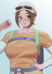 Rule 34 | 1girl, backpack, bag, blush, breasts, brown hair, clenched hand, collarbone, creatures (company), eyelashes, eyes visible through hair, eyewear on headwear, fingernails, game freak, gradient background, green eyes, hand on own hip, hand up, hat, highres, hiker (pokemon), large breasts, layered sleeves, long sleeves, nintendo, orange-framed eyewear, orange shirt, parted bangs, parted lips, pink lips, pokemon, pokemon sv, shirt, short hair, sigeru uncommon, smile, solo, white hat