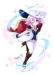 Rule 34 | 1girl, alternate costume, ascot, binato lulu, blush, boots, cape, commentary request, epaulettes, flower, gloves, hair between eyes, jacket, leg up, light particles, lily (flower), looking at viewer, neptune (neptunia), neptune (series), one eye closed, pants, purple eyes, purple hair, red cape, short hair, signature, simple background, smile, solo, white background, white gloves, white headwear, white jacket, white pants