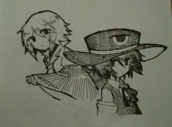 Rule 34 | 2others, androgynous, ascot, ballpoint pen (medium), closed mouth, collared shirt, commentary request, detached sleeves, enraku tsubakura, greyscale, hat, highres, houlen yabusame, layered sleeves, len&#039;en, long sleeves, monochrome, multiple others, neck ribbon, other focus, ribbon, shirt, short hair, short over long sleeves, short sleeves, simple background, traditional media, vest, white background, wide sleeves, zhaozhaozhaozhaozhao083